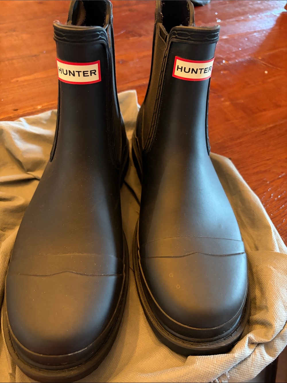 Hunter Black Chelsea Rain Boots with Red Logo